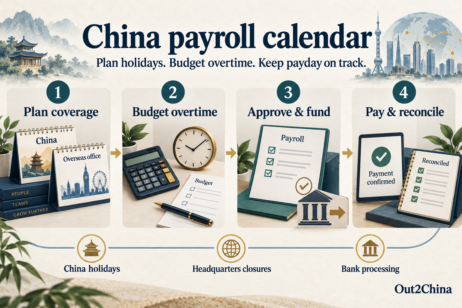 China payroll calendar workflow: plan holiday coverage, budget overtime, approve funding, and reconcile payments.