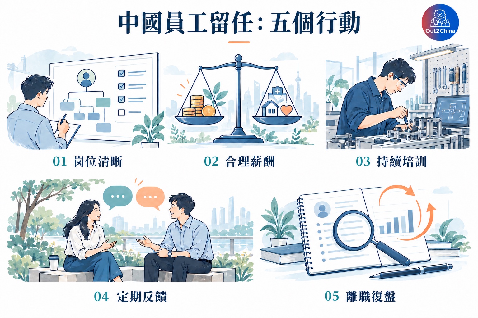 中國員工留任五個行動:崗位清晰、合理薪酬、持續培訓、定期反饋、離職復盤。