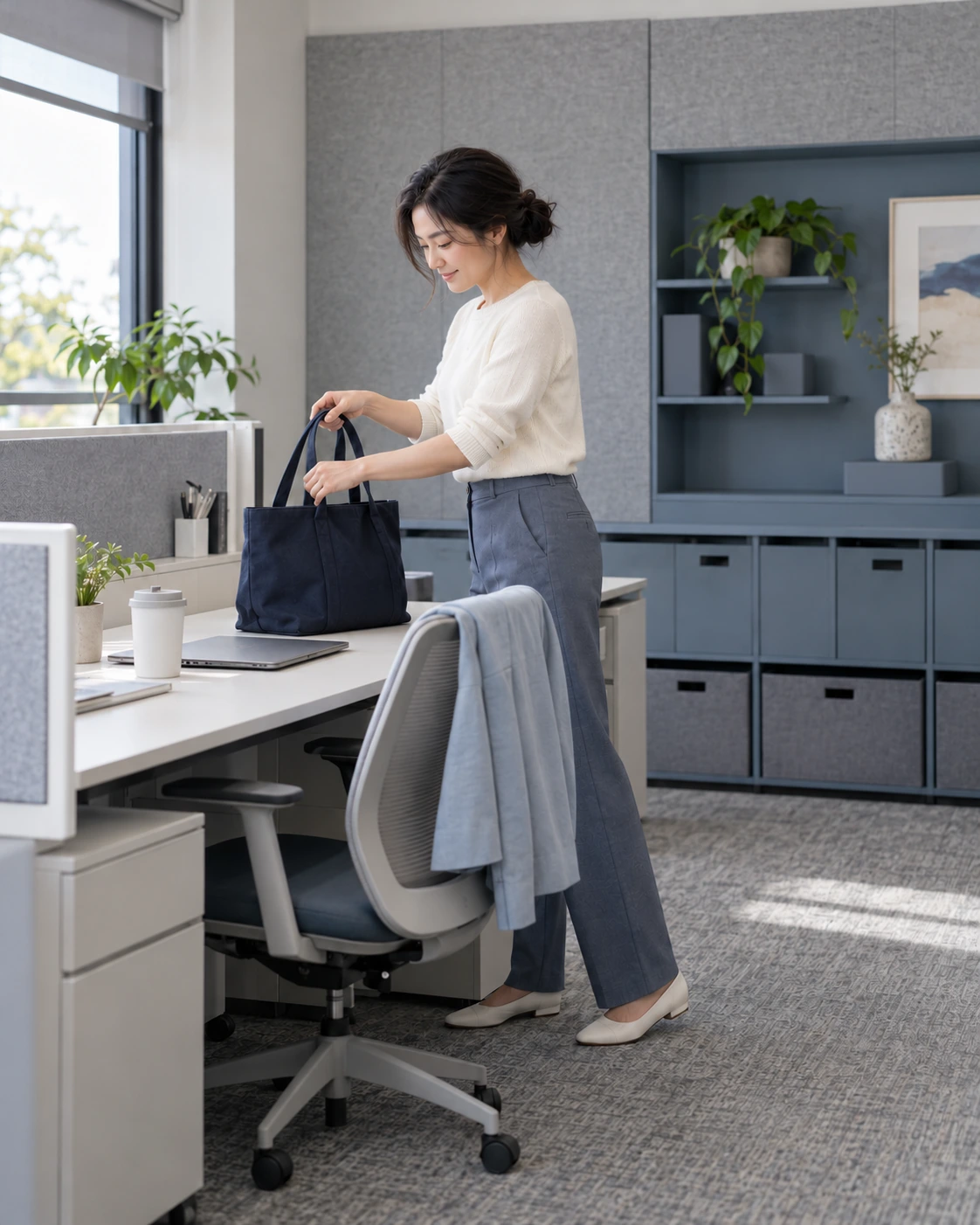 Illustrative EOR onboarding scene: a new employee places her bag at a personal workstation on her first day.