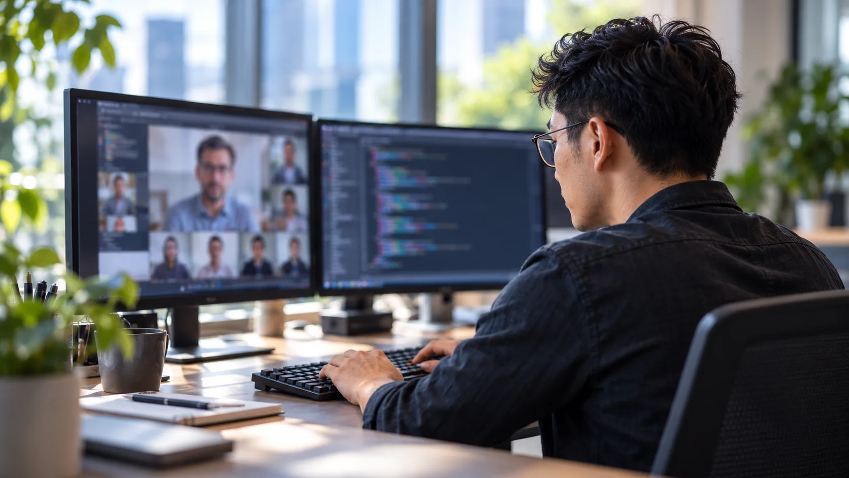 Person working on a laptop beside a monitor