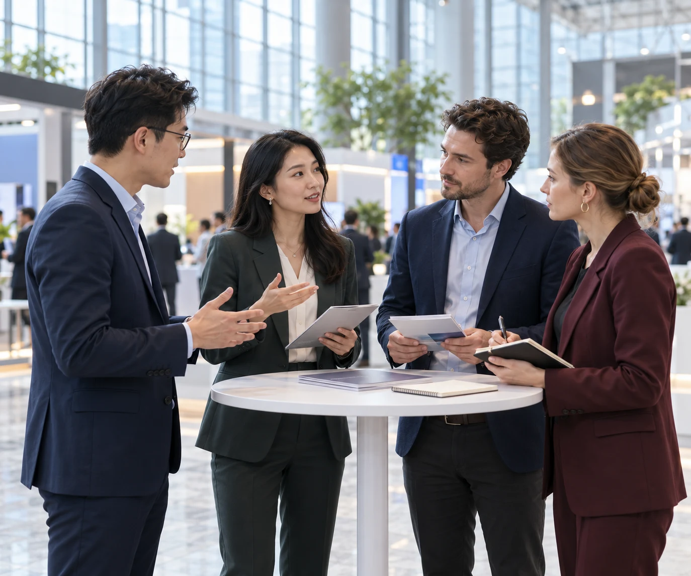 Professionals discuss business connections in a meeting setting.